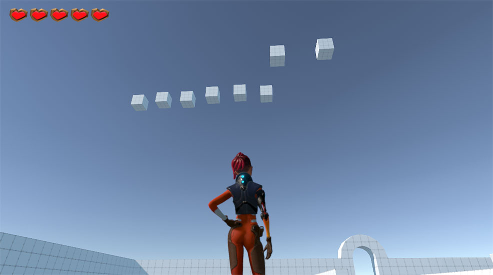 View of sky in game with 8 floating cubes